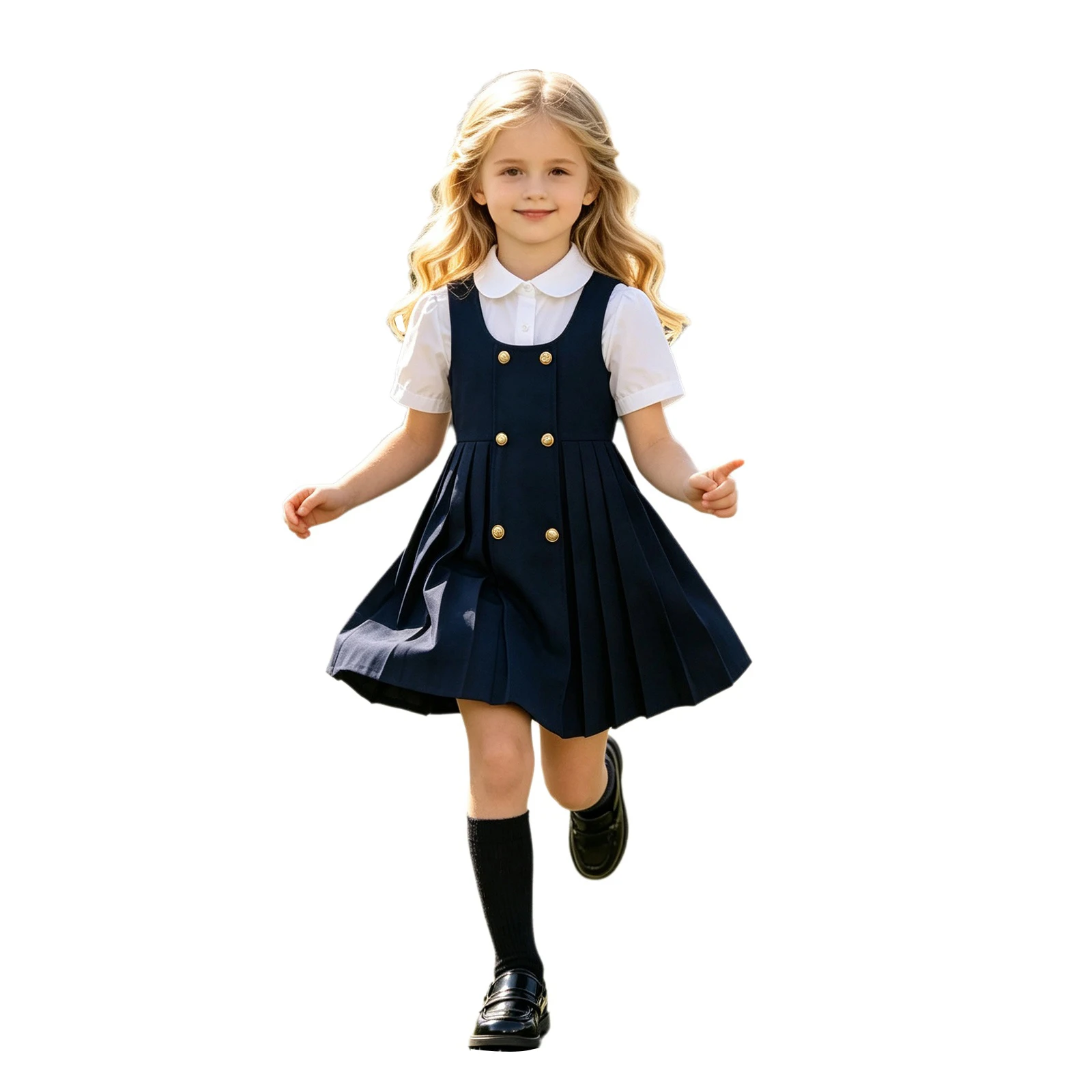 Teen Girls School Uniform Jumper Dress Double-breasted Decor Sleeveless Pleated A-line Tank Dresses College Style Sundress