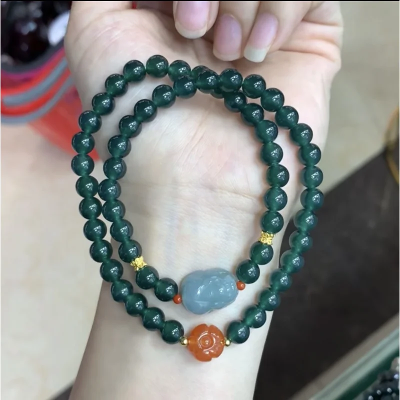 Natural Jadeite A-Grade Design Double-Loop Bracelet with Red Agate and S925 Silver