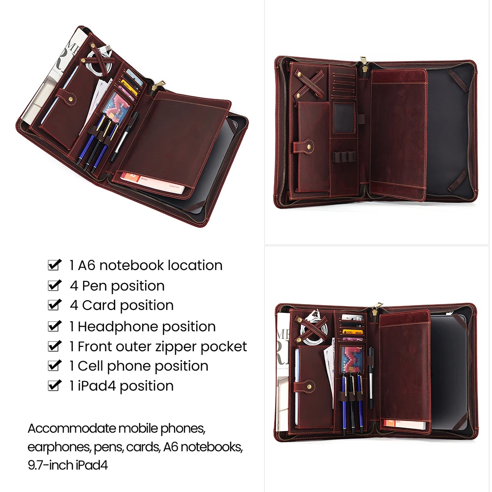 JOYIR Zippered Genuine Leather Business Portfolio Carrying Organizer Business Card Phone Pocket Pen Slots for IPad Tablet Holder