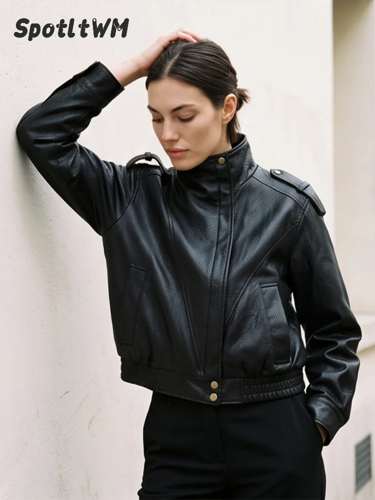 Women Black Pu Leather Bomber Jacket Stand Collar Epaulet Zip Up Long Sleeve Elastic Hem Moto Biker Coat Lady New Autumn Coats