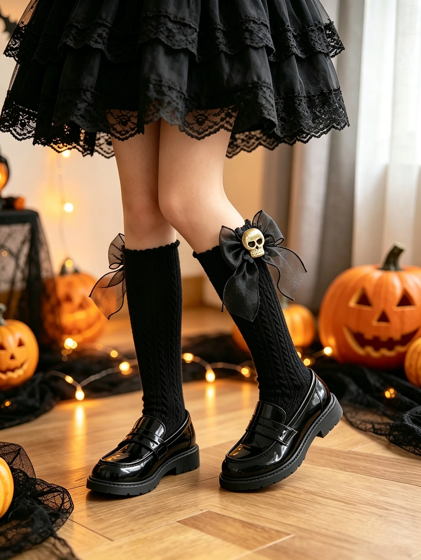 1Pair Skull Bow Ruffle Edge Girls Halloween Knee‑High Socks Cable Knit Kids Socks Gothic For Cosplay Theme Party Festival Outfit