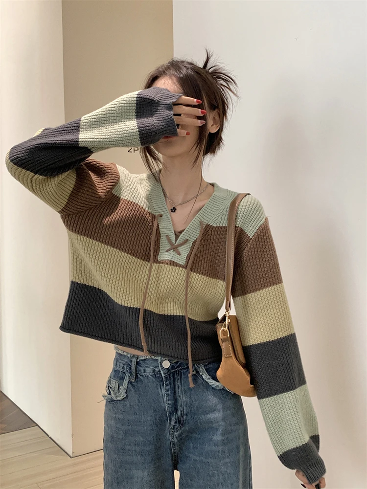 Striped Sweaters Women Panelled Autumn Winter V-neck Cropped Lace-up Knitwear All-match Simple Japanese Preppy Style Temperament