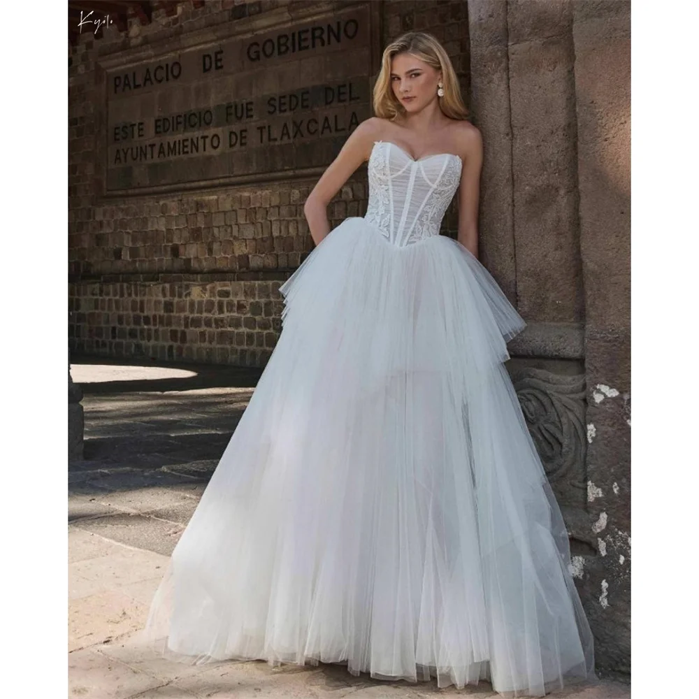 

Kyoto, белое кружевное многослойное сетчатое свадебное платье трапециевидной формы без бретелек, свадебное платье с цветочным принтом и шлейфом, торжественное вечернее платье 2023