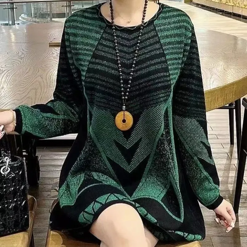 Vintage Loose Knitted Geometric Sweater Spring Autumn Long Sleeve O-Neck Plus Size Pullovers Tops Fashion Casual Women Clothing