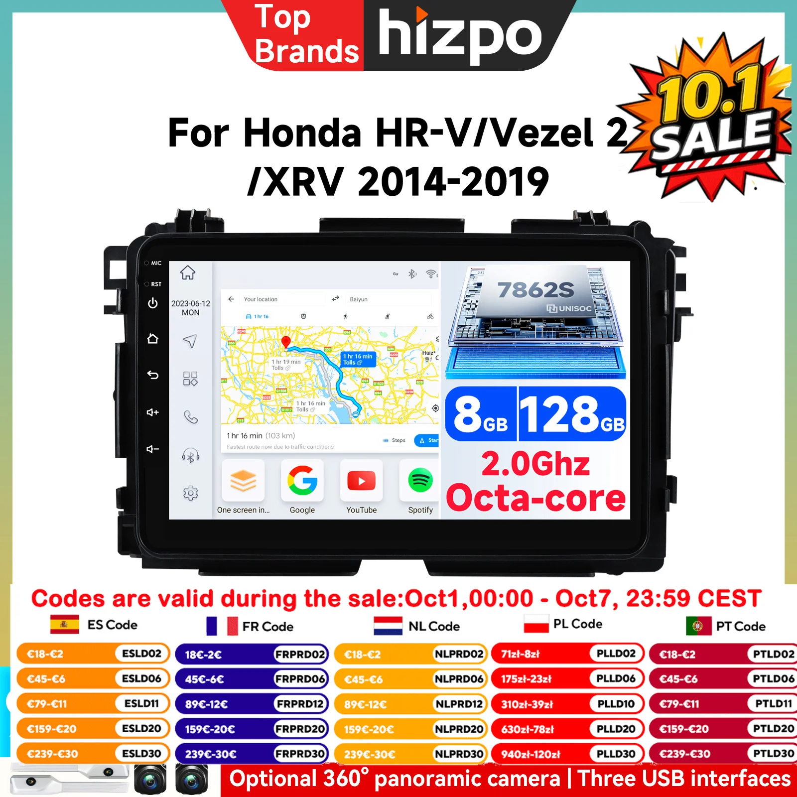 Autoradio Android per Honda Vezel HR-V HRV XRV 2014-2019, Lettore Multimediale Stereo con GPS, Navigazione, Carplay, 4G LTE, Unità Principale Video
