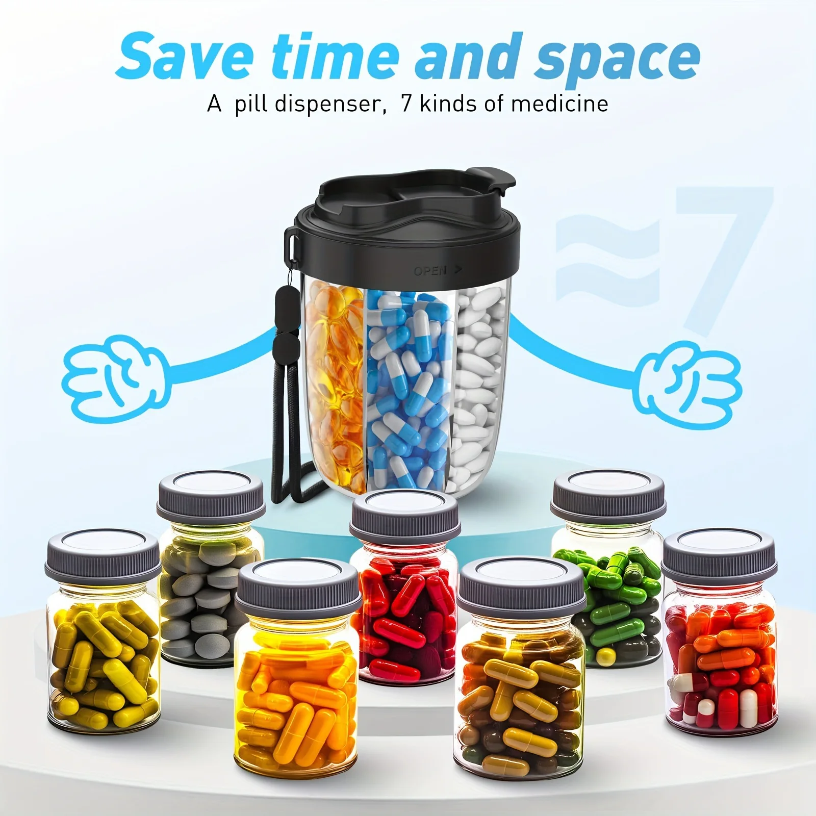

7 Grids Large Pill Cup Bottle Organizer Supplement Organizer for Holding 7 Various Vitamins Travel Pill Case Box Straw Container