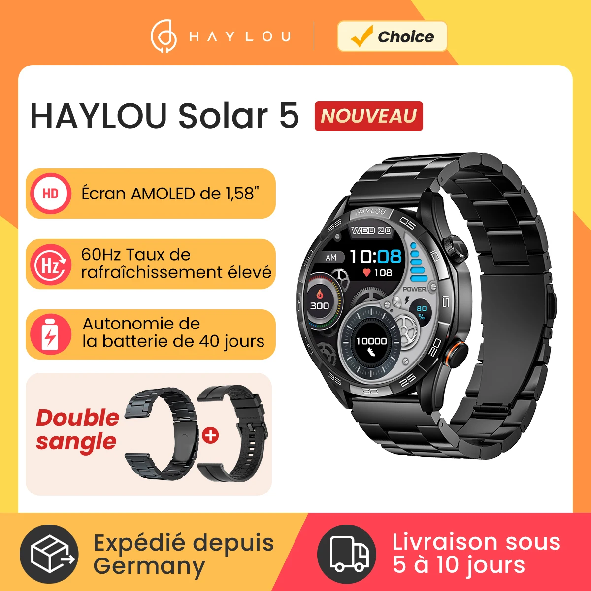 HAYLOU solaire 5 appels vocaux Smartwatch 1.58 ''AMOLED affichage 60Hz montre intelligente 24H surveillance de la santé sport Smartwatch pour hommes