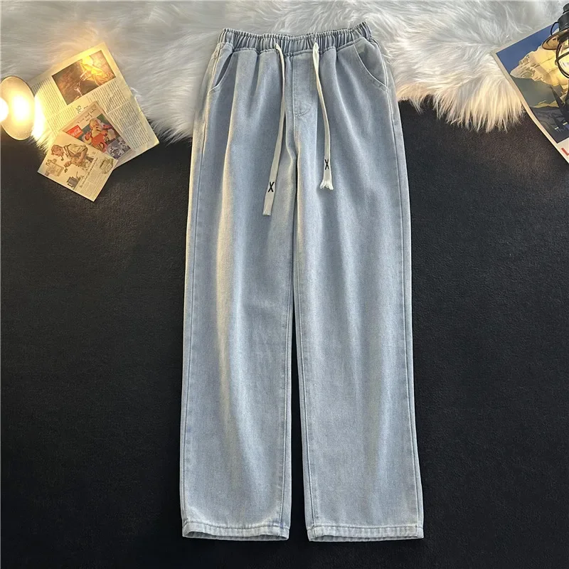 KUBRO Japan fashion Drawstring Light Color Elastic Waist Jeans Boys Loose Straight Fashion Wide Leg Casual Mop Long Pants