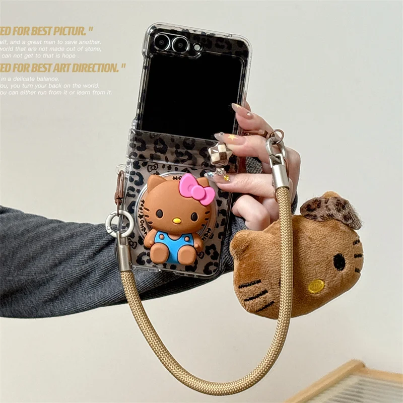 

Fashion Leopard Print Magnetic Phone Case For Samsung Galaxy Z Flip 7 6 5 ZFlip6 ZFlip7 Cover with Hellokitty Stand Lanyard