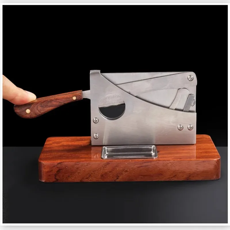 Stainless Steel Cigar Cutter Sharp Blade Solid Wood Desktop Cigar Cutter with Cigar Caps Trays Luxury Puro Scissors Living Room