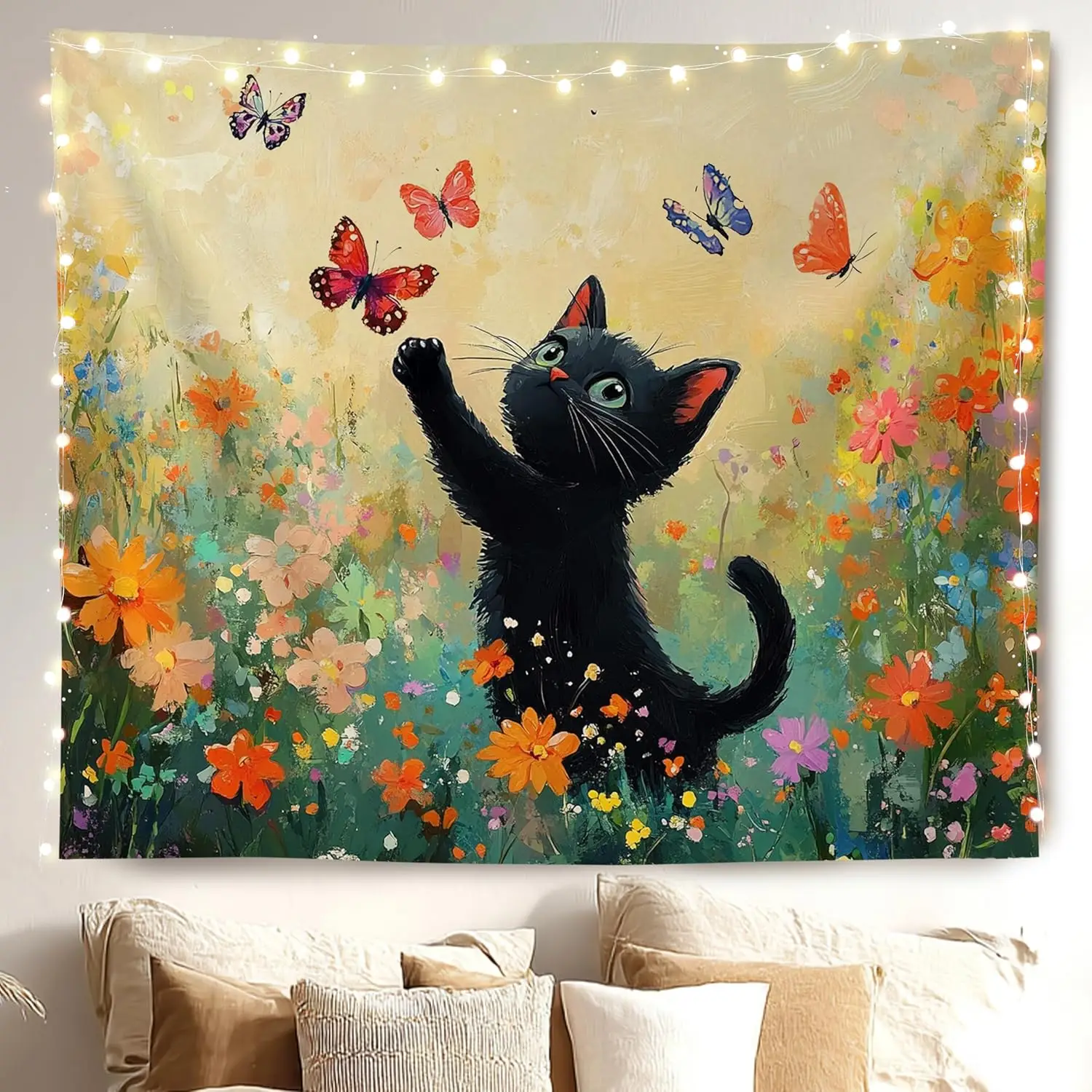 Black Cat Wildflower Tapestry Wall Hanging, Funny Cute Black Cat Catches Butterfly Floral Wall Tapestry for Kids Girls Room Home