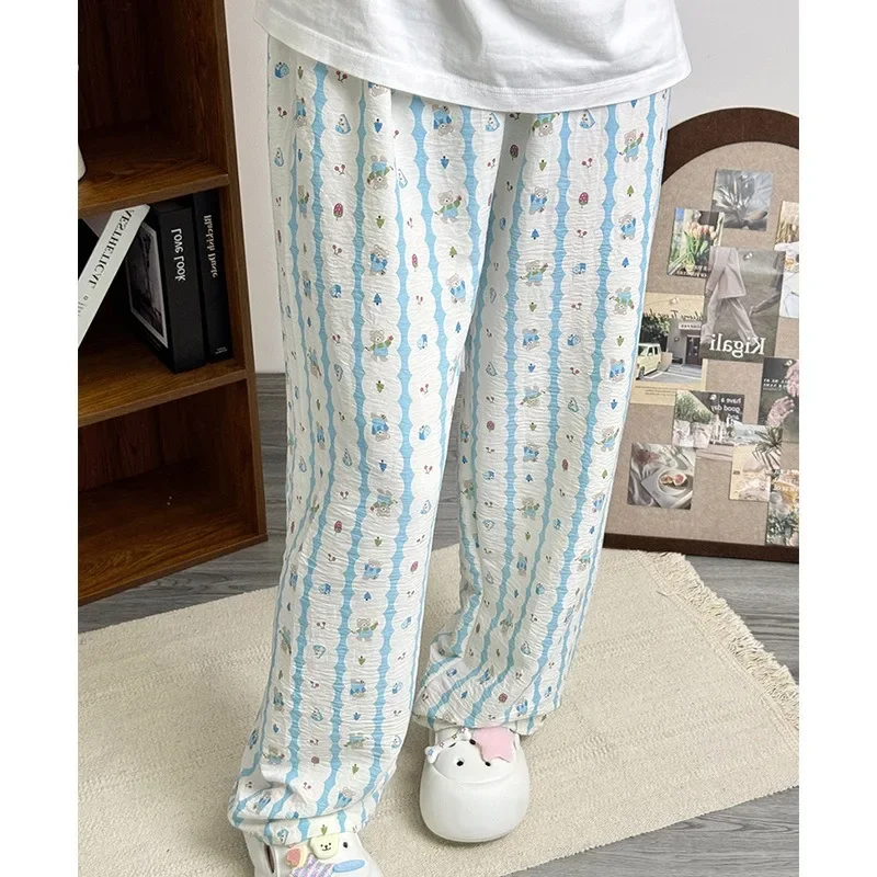 

Pajama Pants Women Cartoon Puppy Pants Thin Lounge Pants Plus Size Striped Pinked Pants Casual Loose High Waist Sleeping Pants