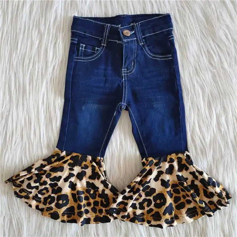 

P0116Summer new girls' clothing denim leopard print boutique cute flare pants wholesale price