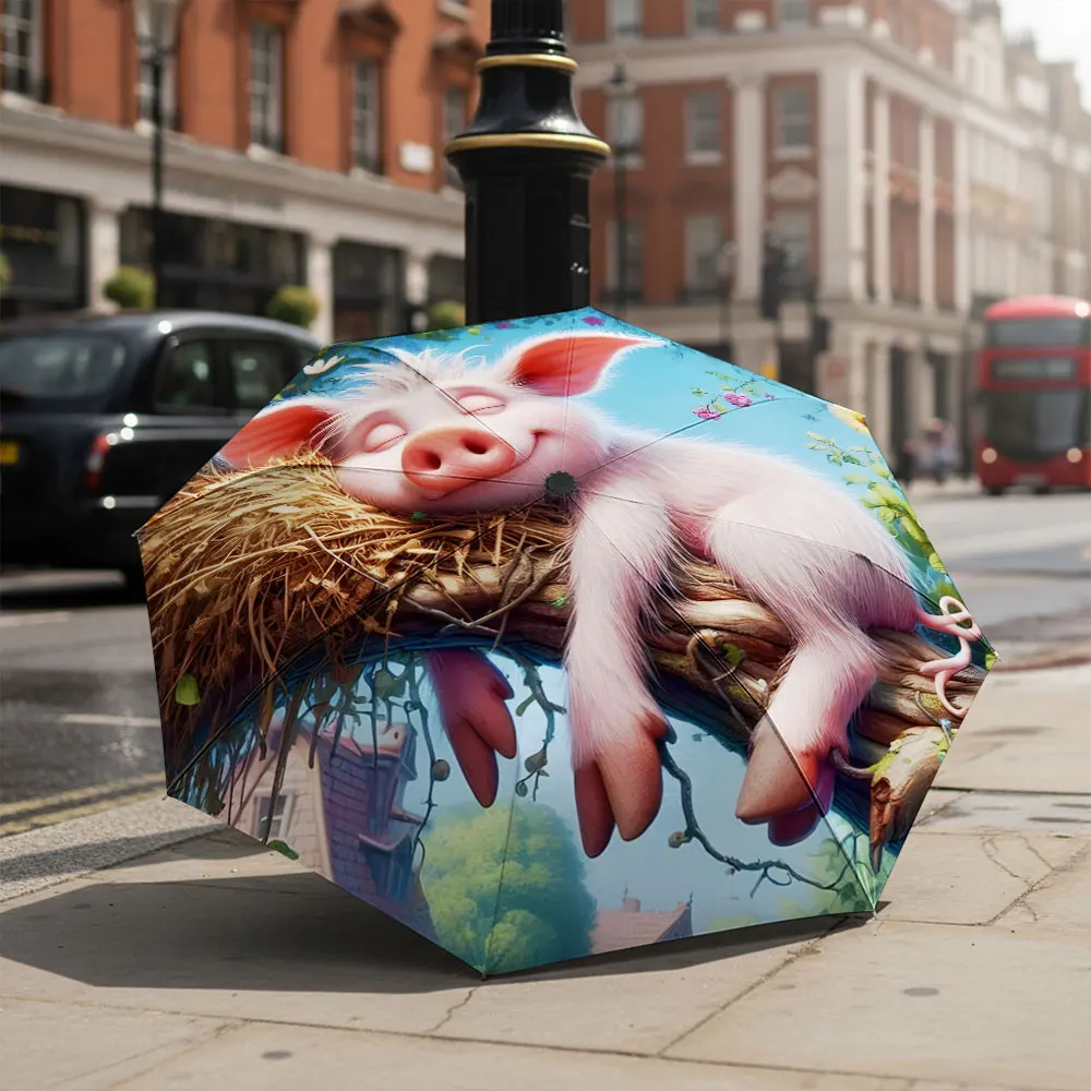 1P C Adorable Piglet Design Umbrella in Front of Iconic Building Print 8 Iron Ribs Folding Umbrella Auto-Open Fashion Sunshade