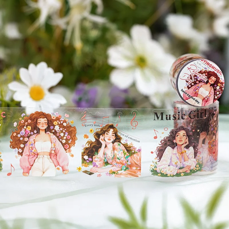 6-roll pack - 6cm×200cm Girl Character Theme PET Tape Relaxation Day Series Waterproof, Die-Cut, Adhesive - Used for scrapbooking, calendars, DIY crafts, phone cases, notebooks, diaries, photo frames, envelopes, and cup decoration, among other uses (cutting, embossing)