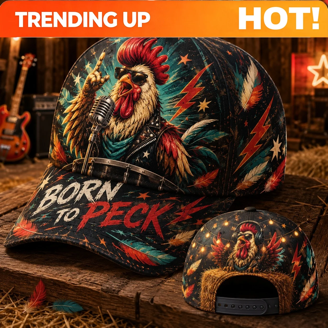 Customization Bohemian Rock-Style Baseball Cap With Rooster And Microphone Print - Suitable For Farm, Concerts, Outdoor Streetwe