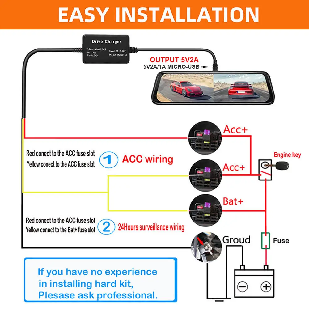 Micro USB 3-Lead ACC Dash Cam Hard Wire Kit 12V/24V to 5V For M300S Parking Monitoring Power Cord For Driving Recorder