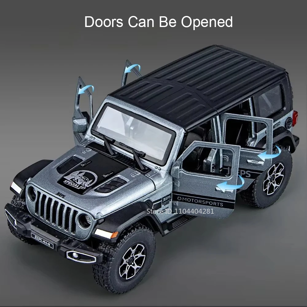 Modelo de juguete Wrangler Rubicon 1:32, puertas de coche fundidas a presión de aleación, sonido abierto, luz, vehículo todoterreno en miniatura, regalo de vacaciones para niños