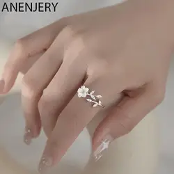 ANENJERY Silver Color Flower Shape Ziron Ring For Women Elegant Temperament Wedding Fine Jewelry Femle Gift