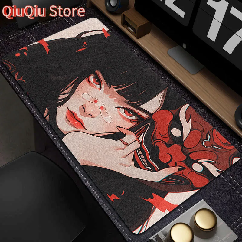 Gamer Mouse Pad Oni Devil Mask Rubber Mouse Mat Anime Girls Large Gaming Mousepad Game HD Print Keyboard Pad Non-Slip Desk Mat