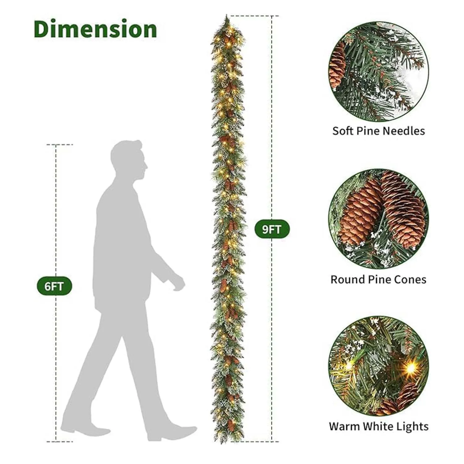 9FT قبل مضاءة عيد الميلاد إكليل مع أضواء الاصطناعي فرع عيد الميلاد الكرمة الدافئة الأبيض LED توافدوا الخضرة جارلاند عطلة ديكور