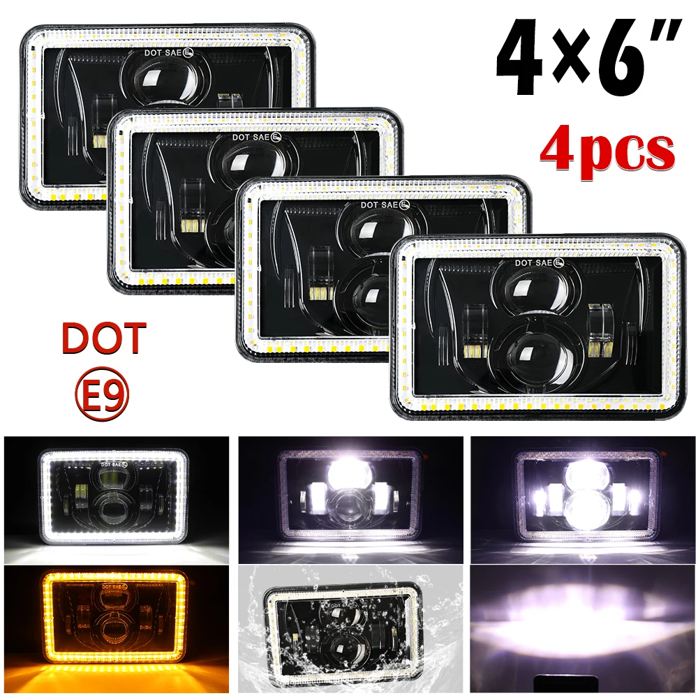 

HAOLIDE 4 шт. 4x6 "светодиодные фары Hi-Lo Beams 6500K белые с 2 цветами DRL дальнего света, подходящие для автомобилей Chevrolet Ford, грузовиков 12 В