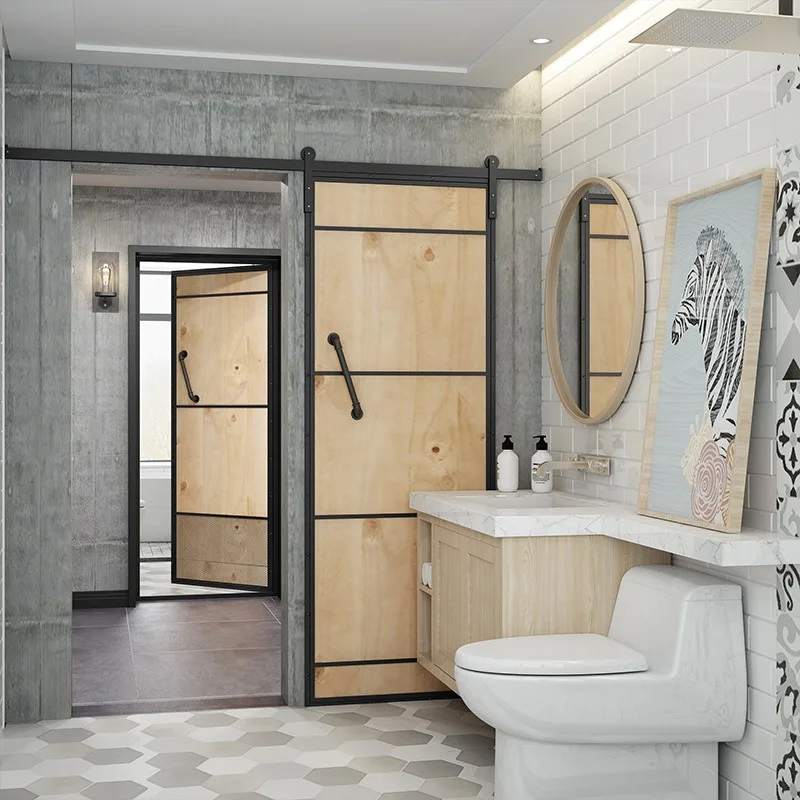 Loft barn door retro wrought iron solid wood  toilet door toilet door sliding bar restaurant industrial wind