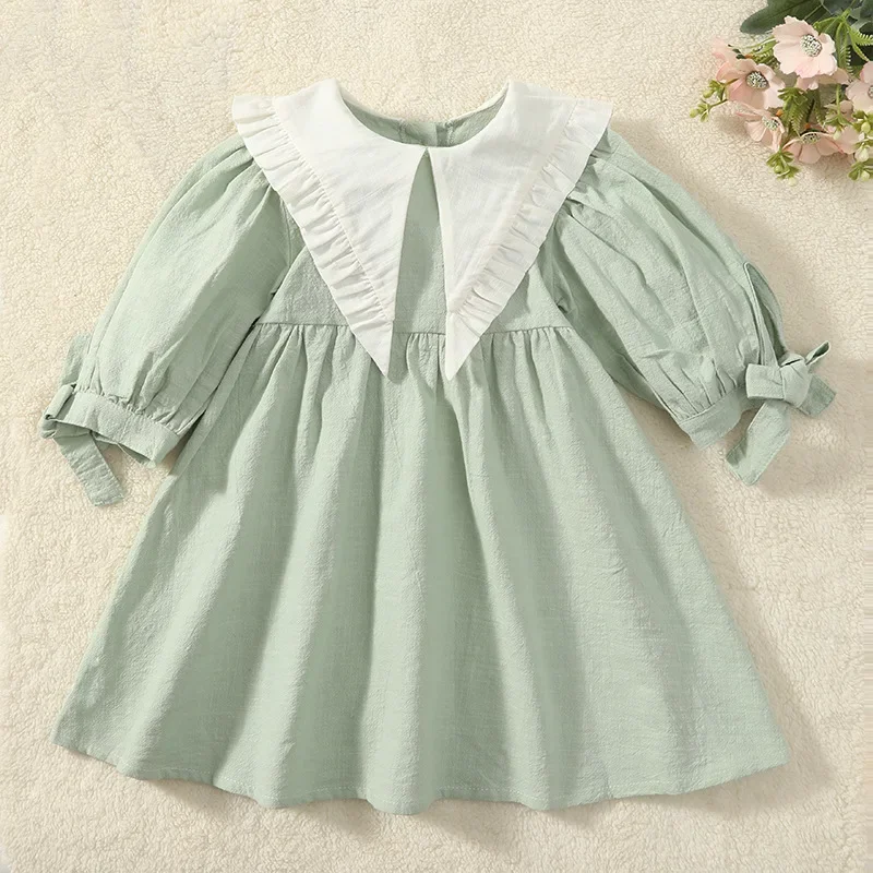 Girl Dress Spring 2025 New Retro Pointed Collar Girl's Dress Long Sleeve Khaki Princess Sweet Casual Dress