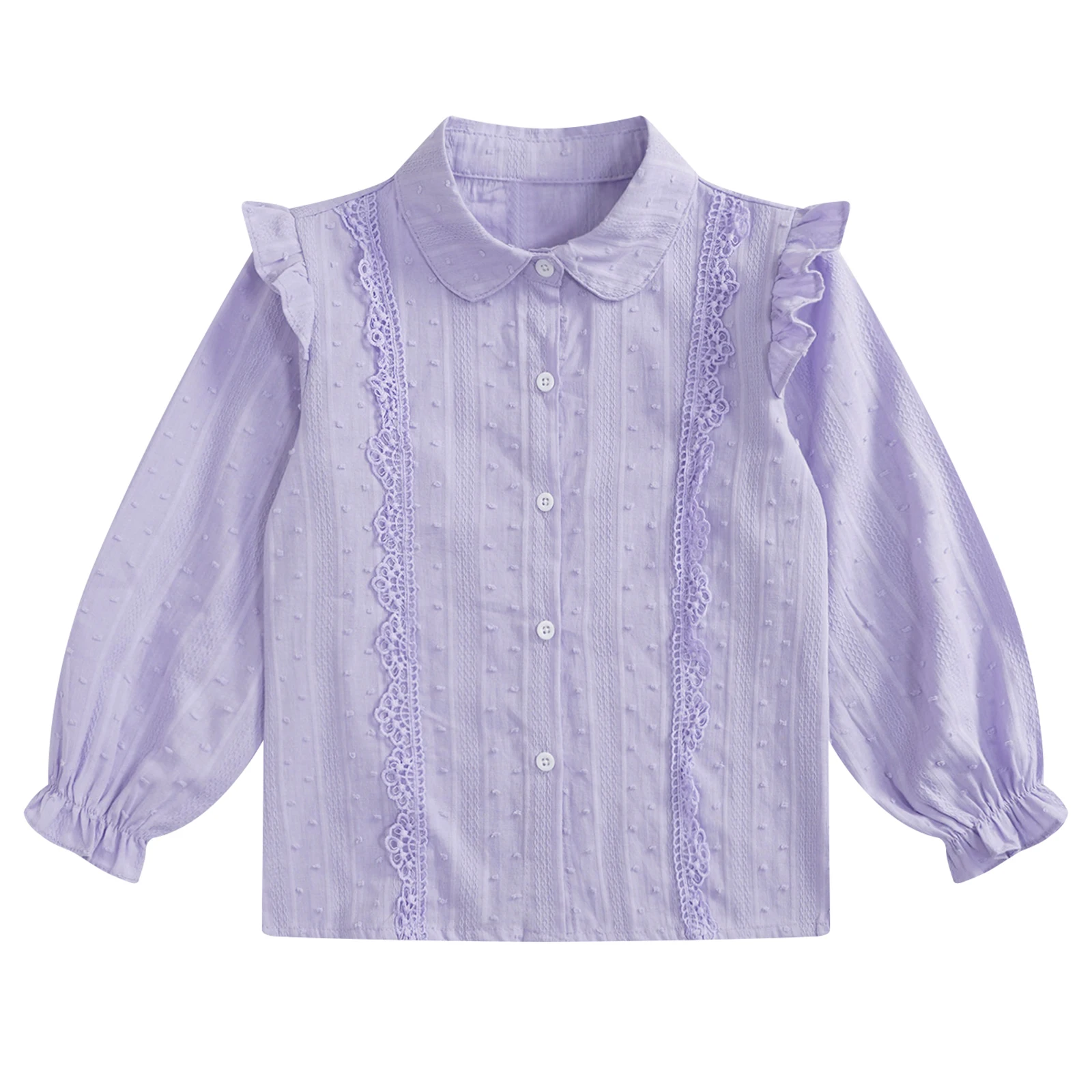 Kids Girls Shirts Spring Autumn Cotton Cute Lace Trim Collar Solid Color Puff Sleeve Bowknot Blouse Tops Casual School Uniform