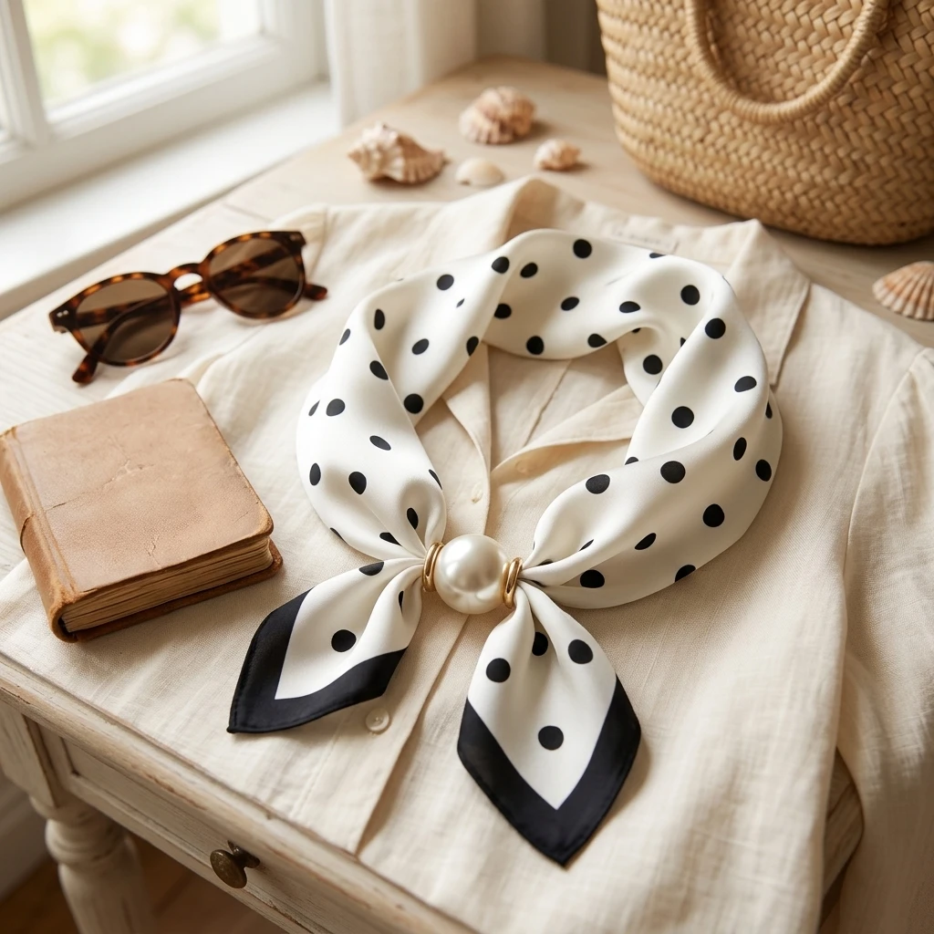 Pearl Scarf Necklace Magnetic Clasp Collar Chain Summer Polka Dot Black Line French Retro Adjustable Length Women Accessories