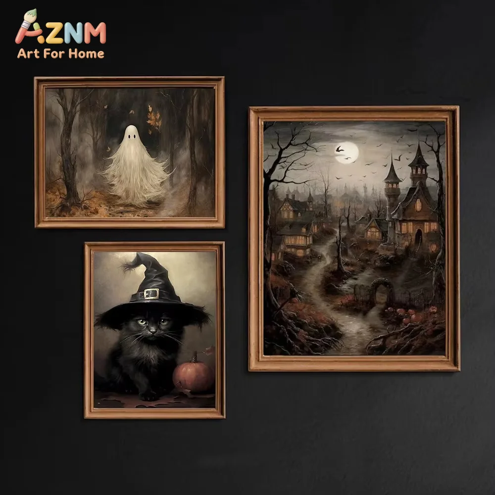 AZNM Dark Witch's Black Cat Wall Art Poster Halloween Gothic Crow Haunted House Canvas Printmaking Living Room Home Autumn Decor - view 3