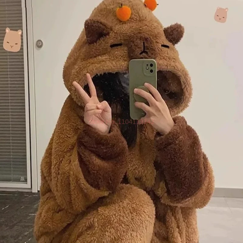 Cute Capibara Adult Pajamas Onesies Cartoon Pyjama Halloween Cosplay Thickened Warm Home Clothes Suit Gift Animal Sleepwear