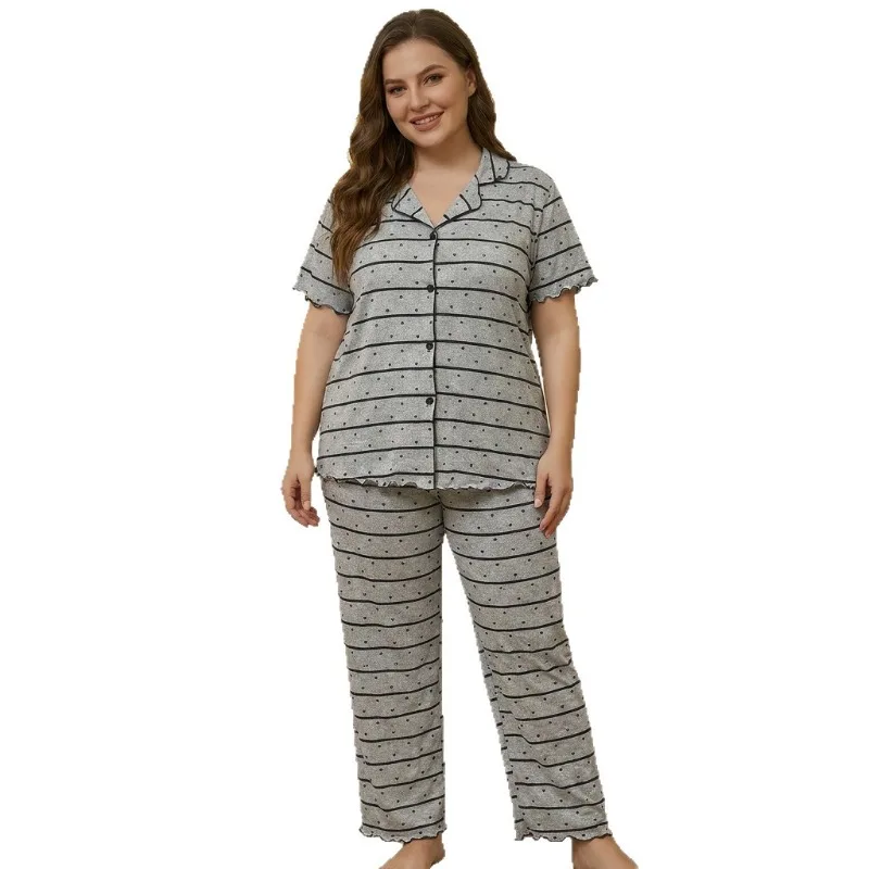 

Plus Size Pajamas Women's Summer Striped Short-sleeved Cardigan Trousers Two-piece Set Sleepwear Loose Loungewear Home Clothes