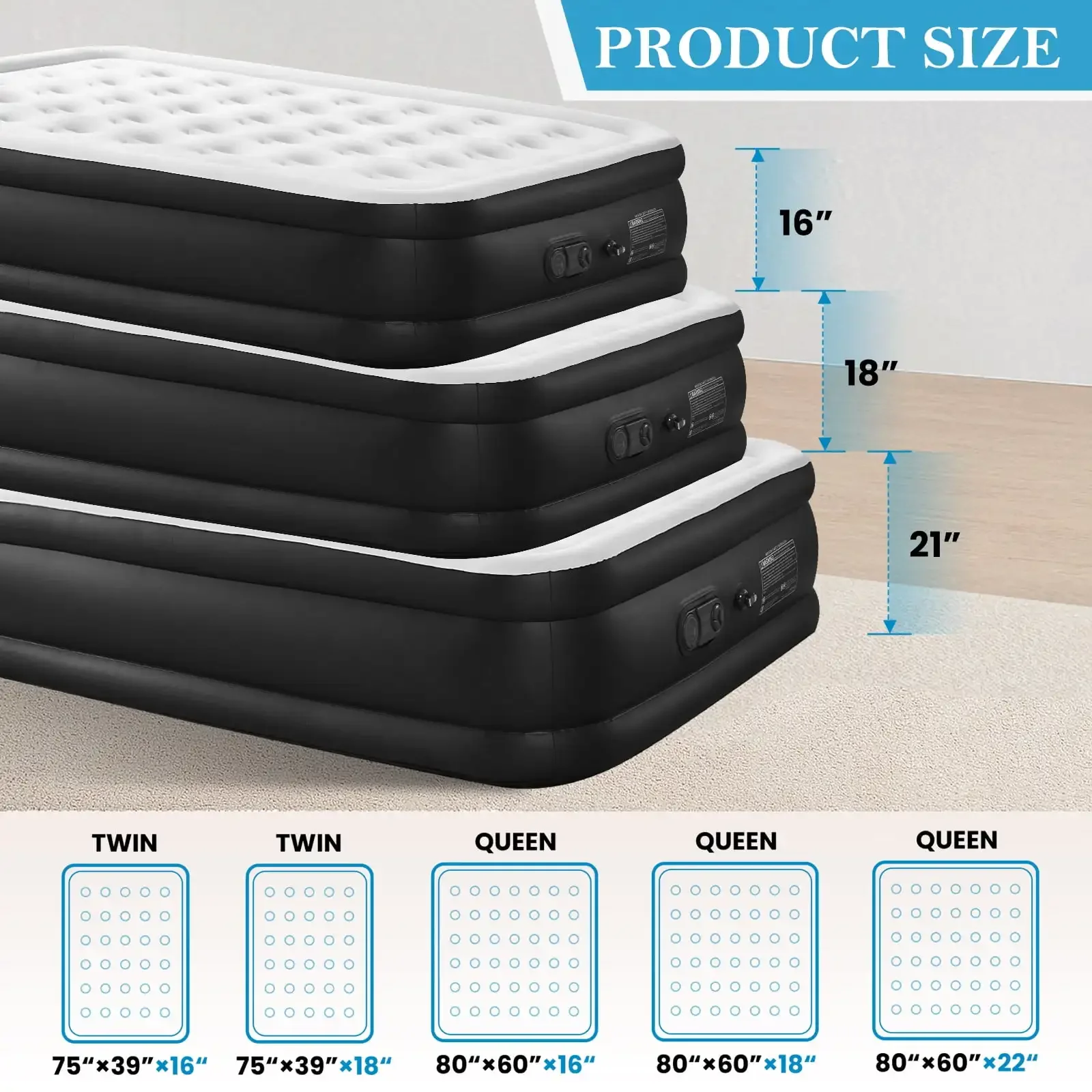 Colchão de ar Queen, 18 polegadas ajustável com bomba integrada de alta capacidade