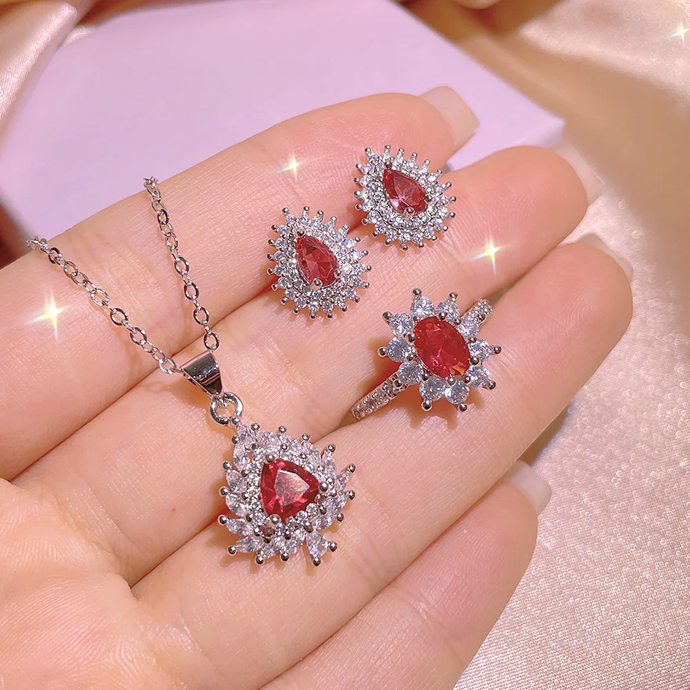 

NEW Delicate Ruby and Diamond Three Piece Pendant Necklace Ring Stud Earrings For Women Red Geometric Wedding Gift Jewelry