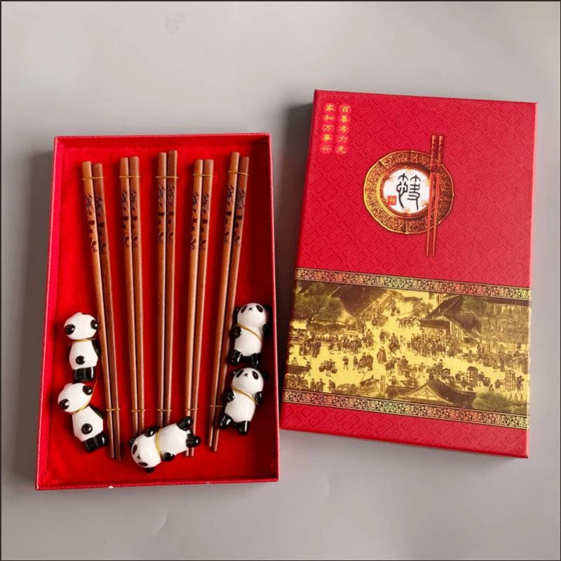 Chinese Style Chopstick Gift Box Set Souvenir Sichuan Chengdu Panda Redwood Iron Wood Chopstick Holder Tableware Foreign Gift