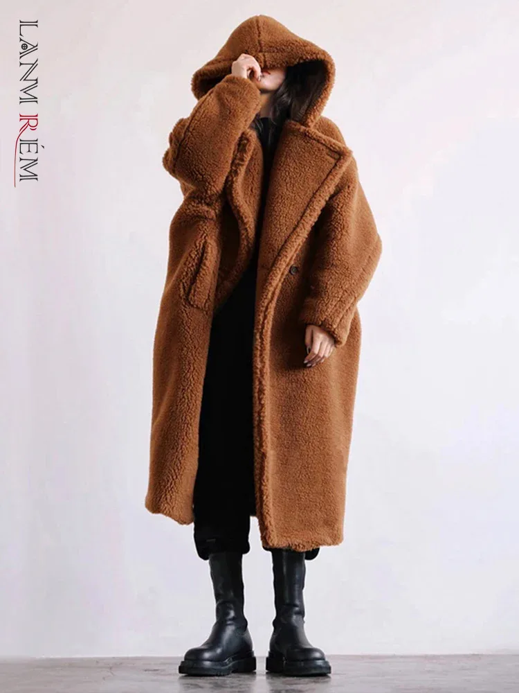 

LANMREM Winter Warm Faux Fur Long Coat Women Hooded Solid Color Loose Lamb Fur Clothing Fashion 2024 New Clothing 2VV110