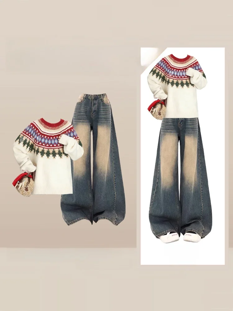 

Loose Comfortable Autumn Winter Stripe Sweater High Waist Wide Leg Jeans Women's Faion Set Casual Vintage Sle Two Pieces