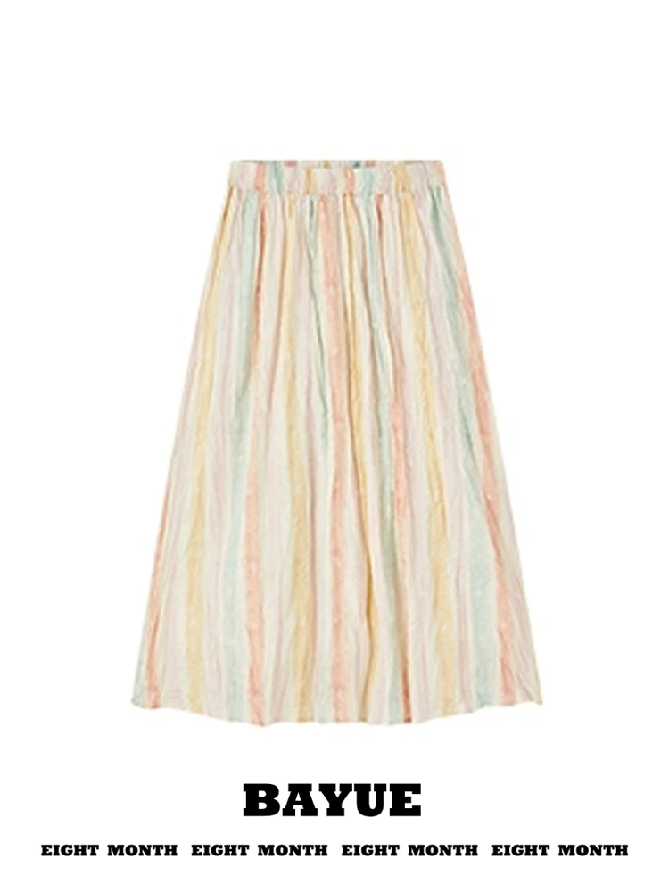 Rainbow Striped High Waist Elastic Women's Skirt Sweet A-Line Midi Skirt Commute Style Summer Collection Slimming Effect