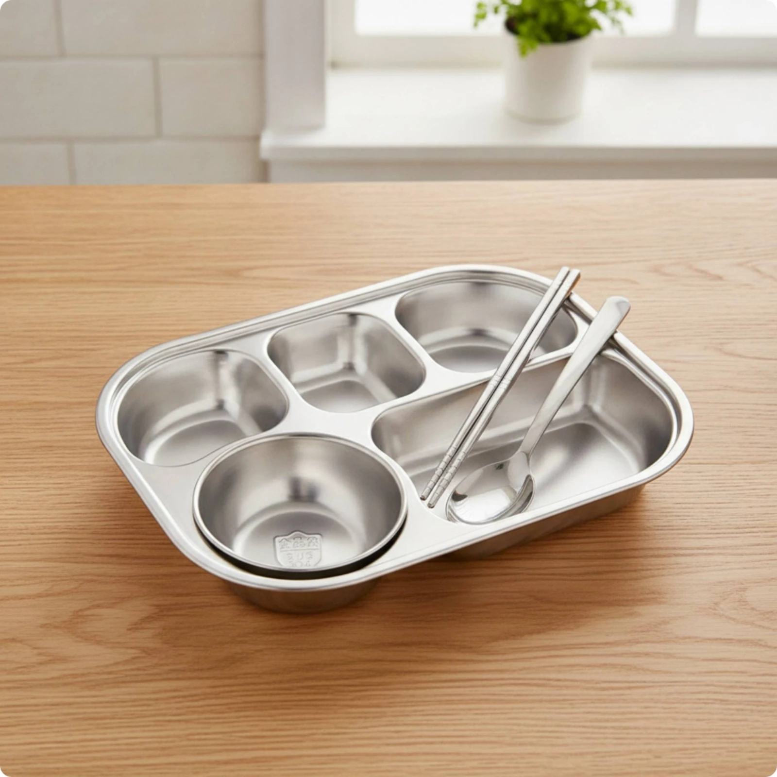 Stainless Steel Tray with Bowl Rectangular 5 Compartment Meal Tray Sectional Trays Easy to Clean Unbreakable for Adults