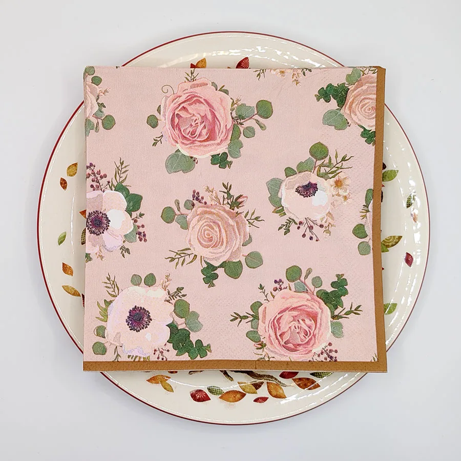 10/20 قطعة مناديل الأزهار خمر الوردي الوردي وطباعة شقائق النعمان مع الحدود البنية ، 3-Ply 33 سنتيمتر المناديل لديكور طاولة الحفلات الرومانسية