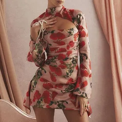 New Women's Hollow Out Sexy Floral Printed Party Dress Female Clothes Women Fashion Long Sleeved Sweet Mini Dresses