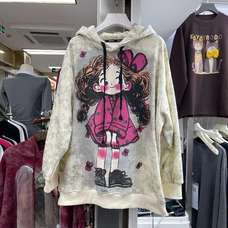 

2025 Winter New Trendy Brand Loose Floral Cartoon Pattern Fleece-Lined Hooded Long-sleeves Sweatshirts Kawaii Clothess For Women