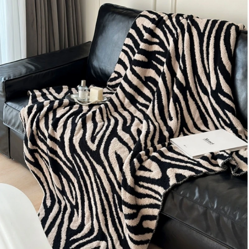 Nordic style zebra striped half flannel blanket, office nap blanket  sofa decorative blanket, air travel blanket