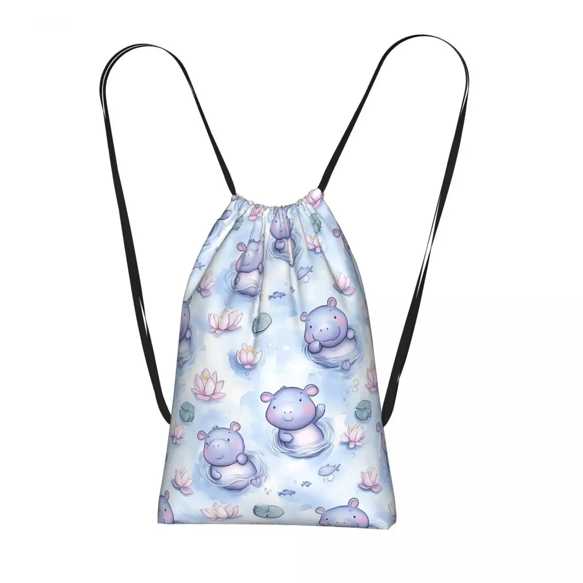 

Cartoon Hippo In Blue Background Pattern Backpacks Fashion Drawstring Bags Sundries Bag Book Bags for Travel School