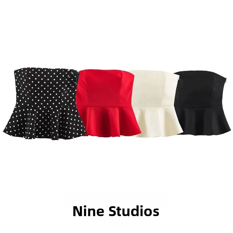 NINE ZAR Women's Polka Dot Print Tube Top Shoulder Bared Vest Short Skirt Style Hemline Commute Style Short Length