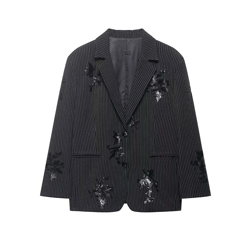 YENKYE New 2026 Women Single Breasted Long Sleeve Embroidery Sequin Striped Blazer Office Outerwear
