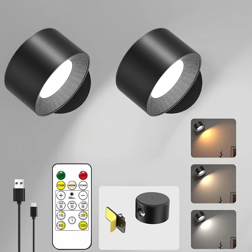 4/2 Stück LED Dimmbare Wandleuchten mit Fernbedienung, 3 Farbtemperaturen, Wiederaufladbar Magnetisch 360° °   Rotierende Nachtlampe für Zimmer