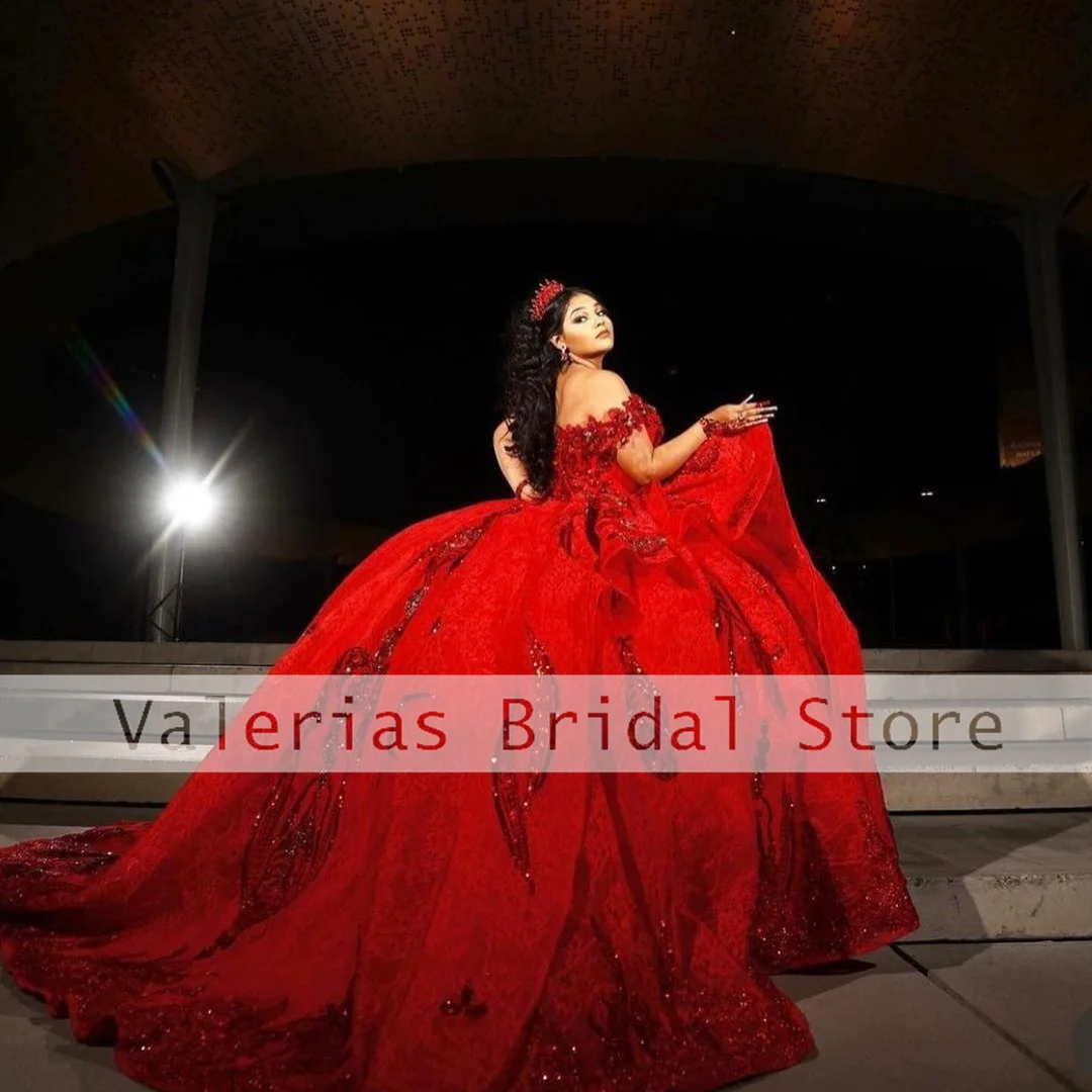 Vestido de quinceañera rojo brillante, vestidos de baile para dulces 16 niñas, apliques de hombros descubiertos, tul con cordones, vestidos de graduación de cumpleaños