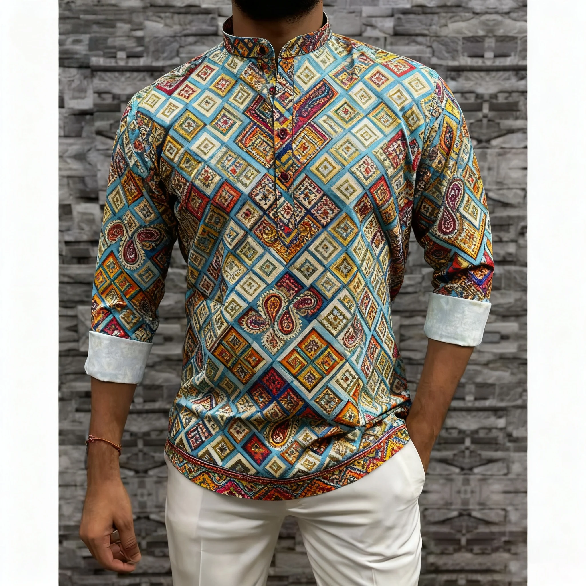 2026 ملابس رجالية مسلمة الوقوف طوق الذهبي طباعة قميص طويل الأكمام العصرية ملابس كاجوال Ropa Arabe De Hombre الإسلامية #1
